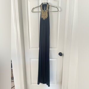Elegant Black Halter Maxi Dress with Gold Detailing